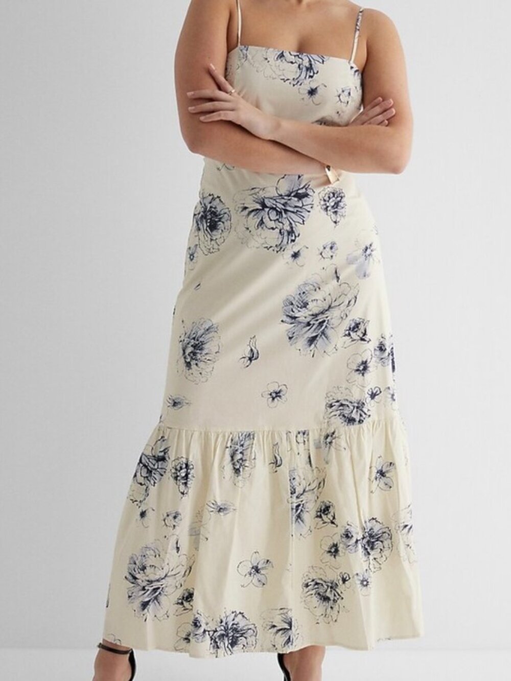 Express Floral Square Neck Tiered Poplin Dress with Spaghetti Straps Size M